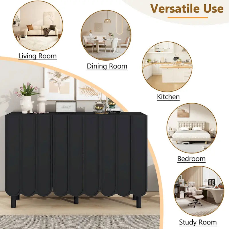 Meuble à chaussures minimaliste style crème avec 5 pieds en bois massif, buffet avec étagères réglables, portes ondulées