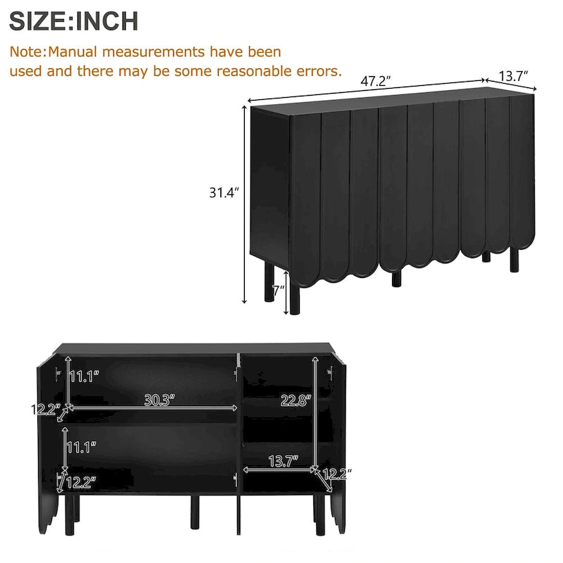 Meuble à chaussures minimaliste style crème avec 5 pieds en bois massif, buffet avec étagères réglables, portes ondulées