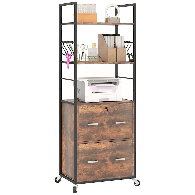 Classeur mobile 2 tiroirs avec serrure et barre de suspension, marron rustique