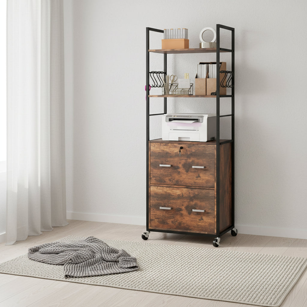 2 Drawer Mobile File Cabinet with Lock & Hanging Bar, Rustic Brown