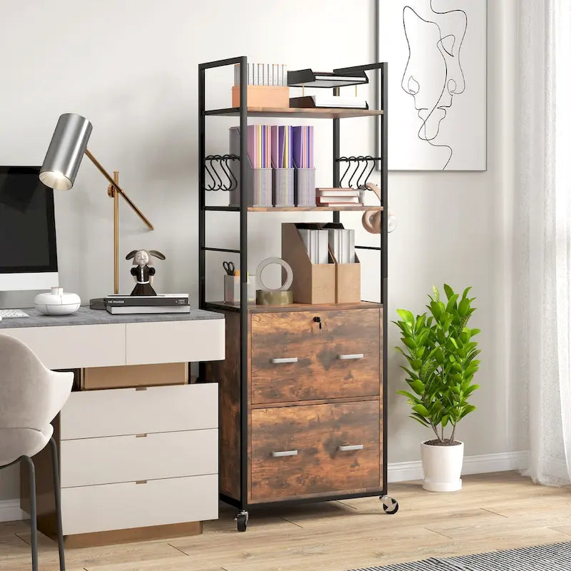 Classeur mobile 2 tiroirs avec serrure et barre de suspension, marron rustique