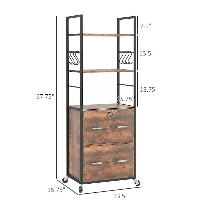 Classeur mobile 2 tiroirs avec serrure et barre de suspension, marron rustique