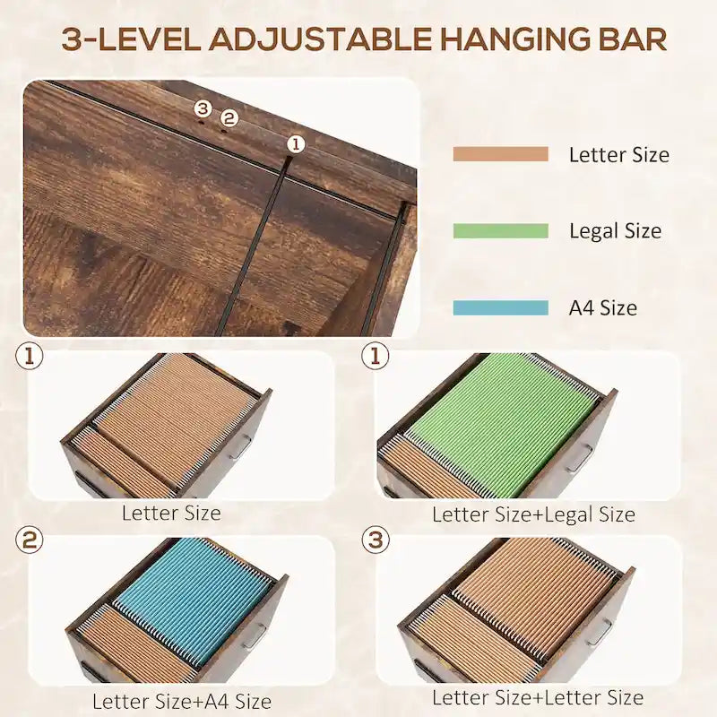 Classeur mobile 2 tiroirs avec serrure et barre de suspension, marron rustique