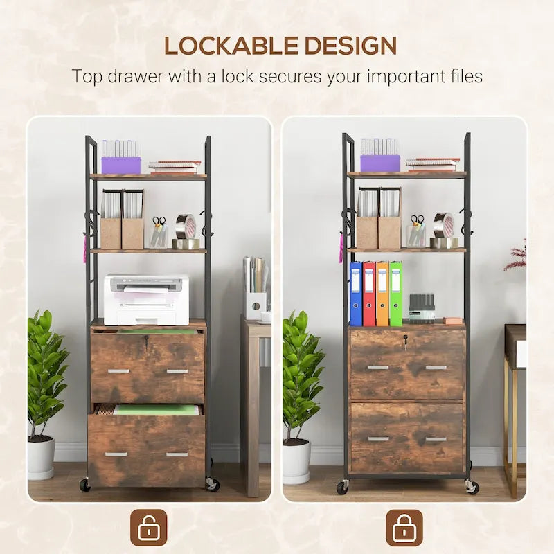 Classeur mobile 2 tiroirs avec serrure et barre de suspension, marron rustique