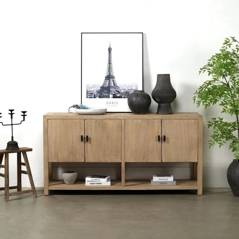Buffet à quatre portes d'environ 170 cm de long avec étagère, finition naturelle patinée